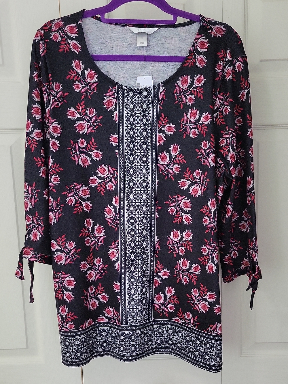 CJ Banks Black Tunic Top with Pink Floral Print
